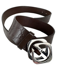Gucci Men Brown Belt 95 cm 38 in Logo Embossed Leather GG Silver Buckle Auth Bag