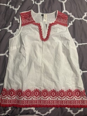Talbots Women s Petites PM White/Red Embroidered V-Neck Sleeveless Blouse Light