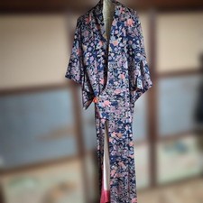 Boro Japanese Kimono Aged Textile Robe Synthetic Fiber Silk Blue Floral Pattern