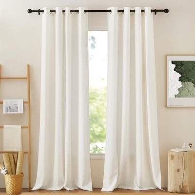 Flax Polyester Linen Curtains for Windows 84 Inch Length, Grommet Semi Sheer Ver