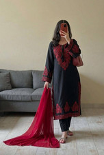 Women Salwar Suit Set Embroidered Roman Silk Kurta Pant Dupatta Set Black  Red