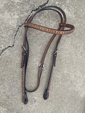 Riata brown leather Western browband headstall w/orange crystals, silver spots