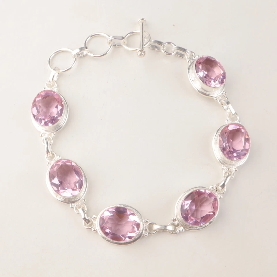 Pulsera de cadena de piedras preciosas de morganita natural joyería de plata de ley 925 para niñas Foto 3 de 4