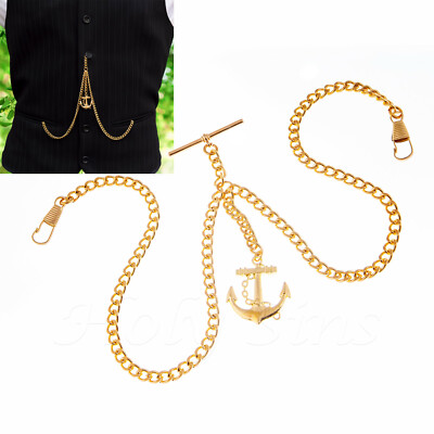 New Gold Color Double Albert Pocket Watch Chain With Anchor Pendant