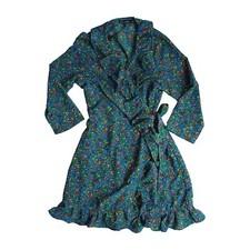 Alison Andrews Floral Wrap Dress Women's L Mini Ruffle Tie Bow Teal 3/4 Sleeve 