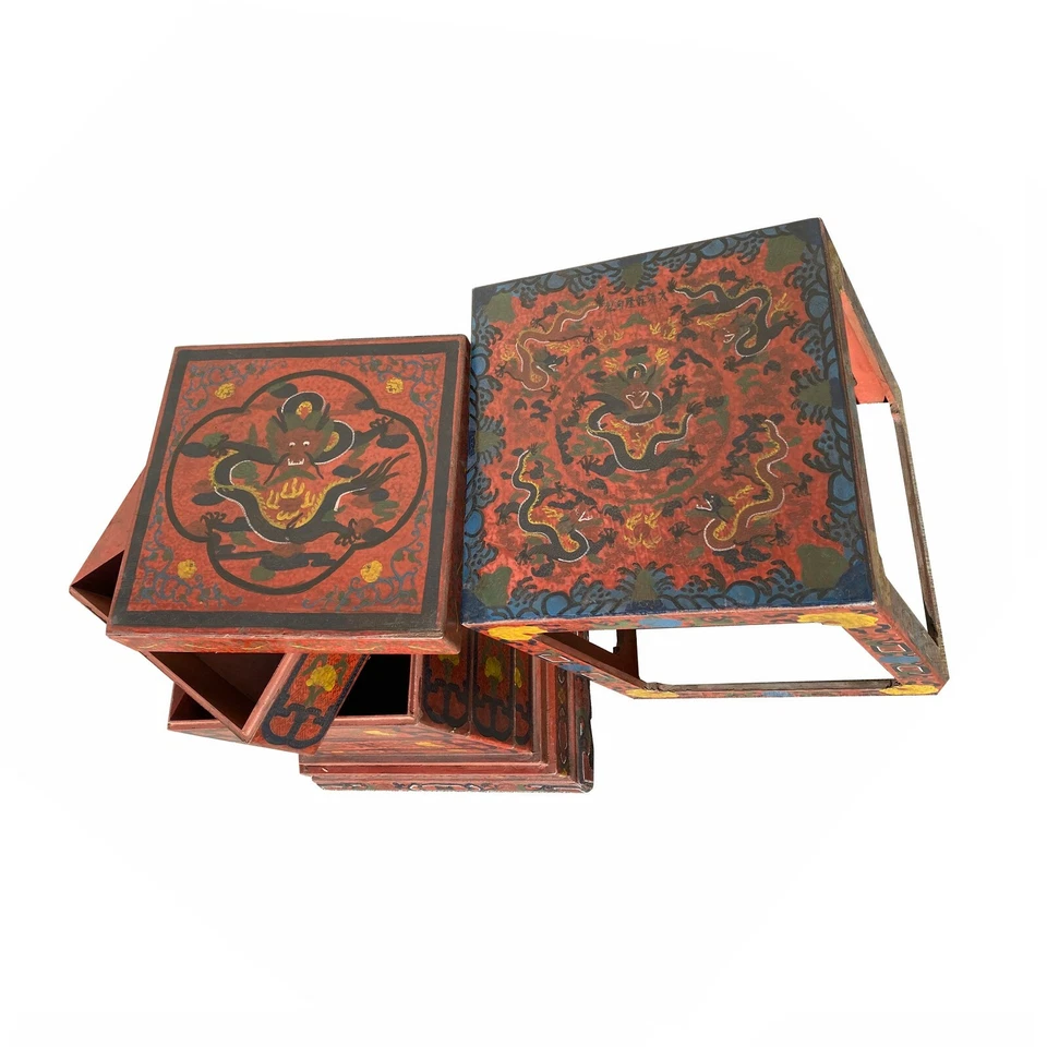 Chinese Distressed Brownish Red Dragon Graphic Trunk Box Chest ws1880 - Image 3 of 4