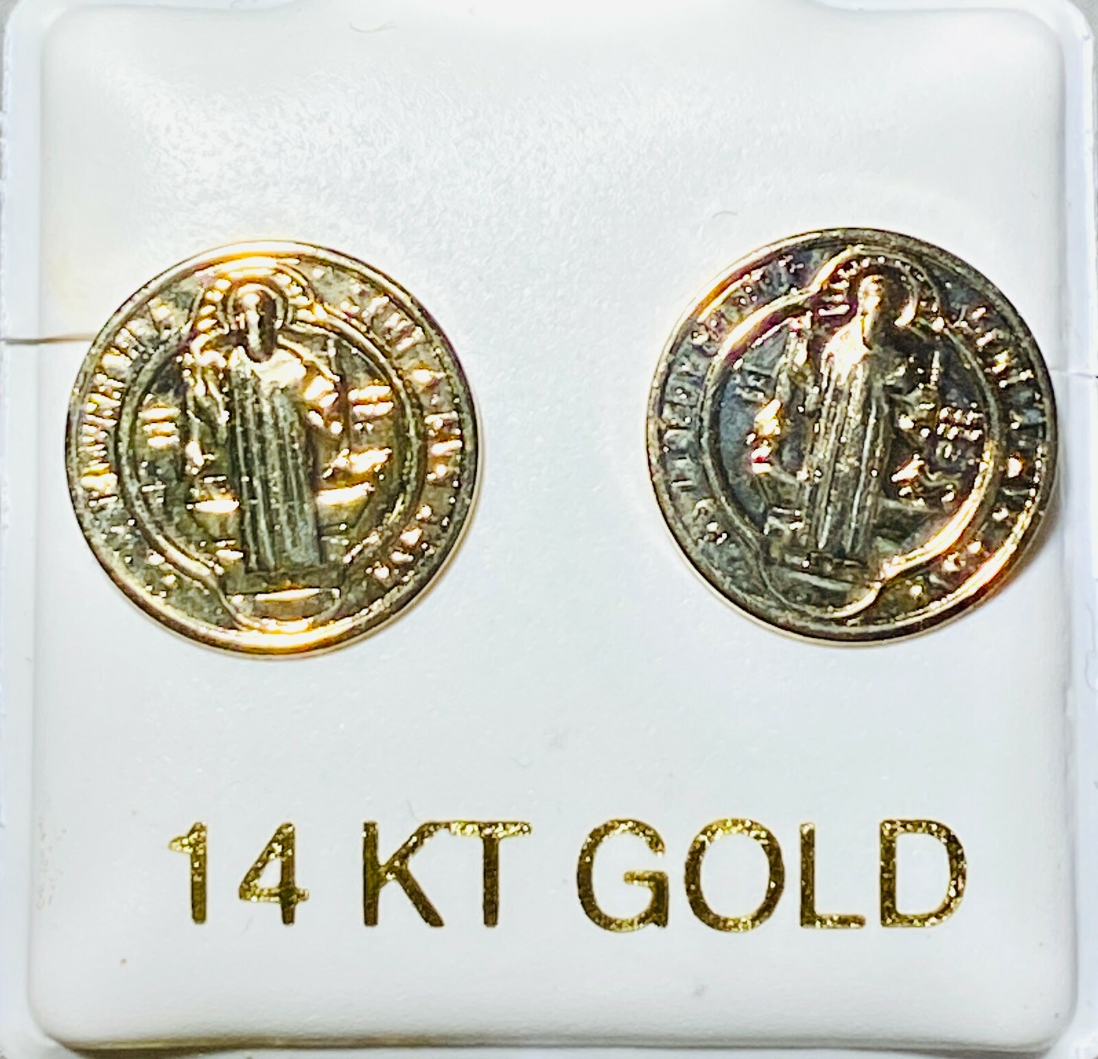 Solid 14k Yellow Real Gold studs earring Round San Judas Earrings Saint ...