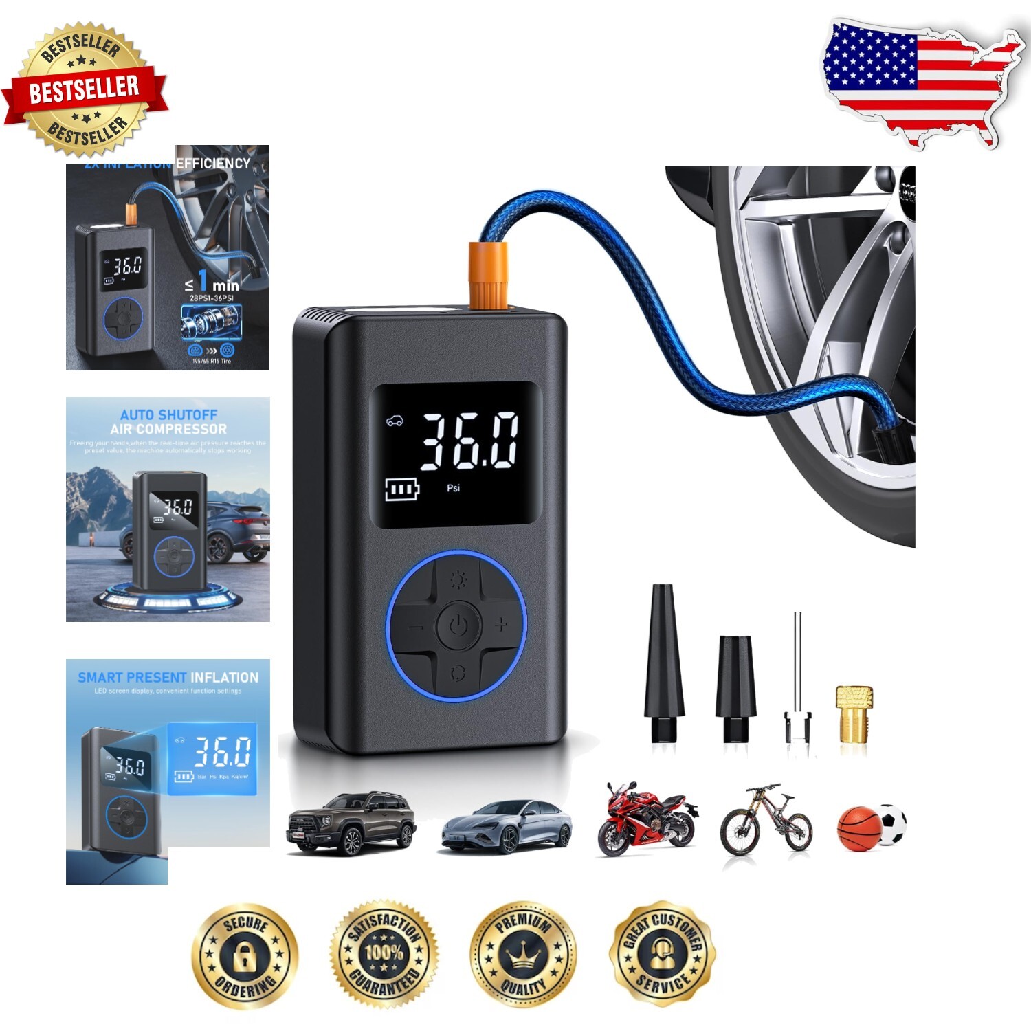 Lightweight Tire Inflator Air Pump - Quick 1-Minute Inflation for Cars & Sports