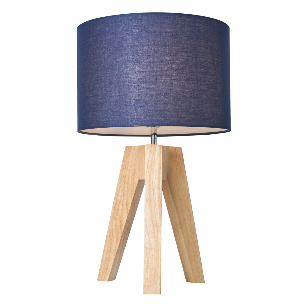 Litecraft Devlin Table Lamp Wooden Tripod Base With Navy Drum Shade - Natural