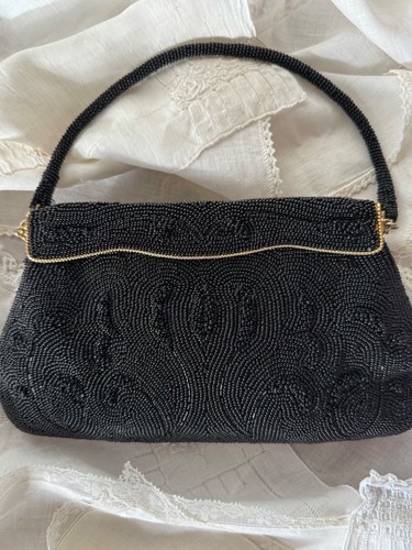 Elegante schwarze Perlen Handtasche kleine Abend Clutch Tasche Goldrand