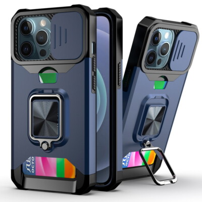 ShockProof Ring Stand Case For iPhone 16 15 14 13 Pro Max 12 11 Card Slot Cover