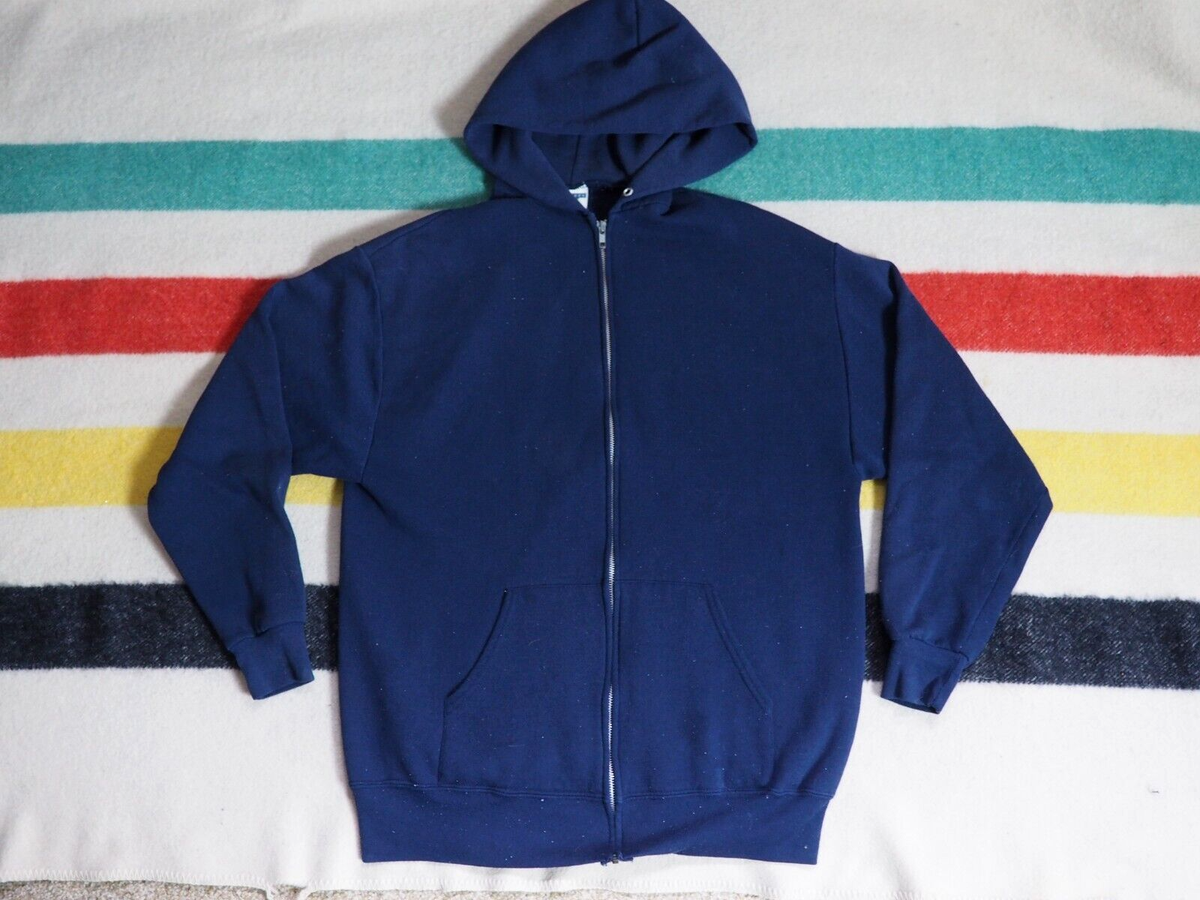 VTG 90s Y2k Jerzees Faded Distress Navy Blue Full Zip Blank Hoodie