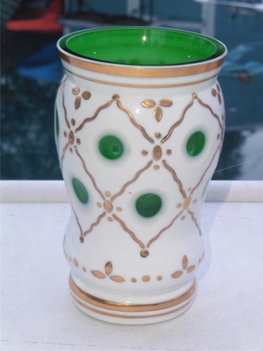 Vintage Bohemian White Cased Cut to Green Gold Trim Glass Vase - Picture 6 of 6