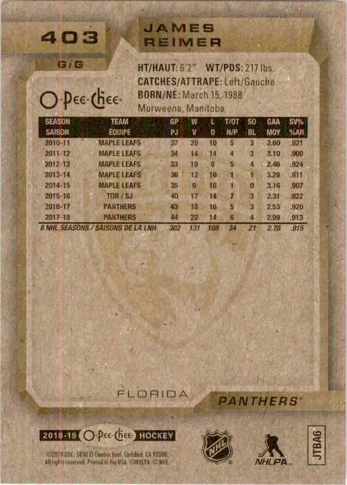 2018-19 O-Pee-Chee James Reimer #403 - Image 2 of 2