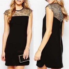 TED BAKER London Black Gold Lace Sheer Yoke Lorenne Shift Dress 3 TB = 8 US = M