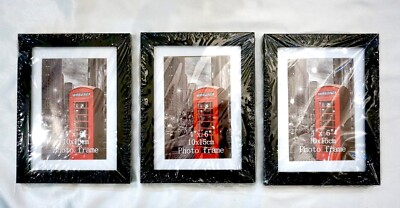 4x6 Picture Frame Set of 3, With Glass & Mat, Hang or Free Standing, Black
