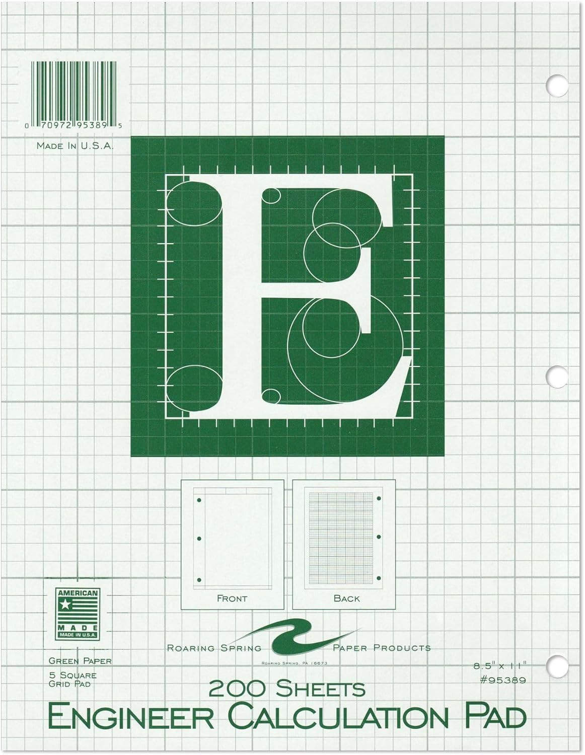 Engineering Pad, 8.5" X 11", 200 Sheets 15Lb Green Paper, 5X5 Printed Back Enclo