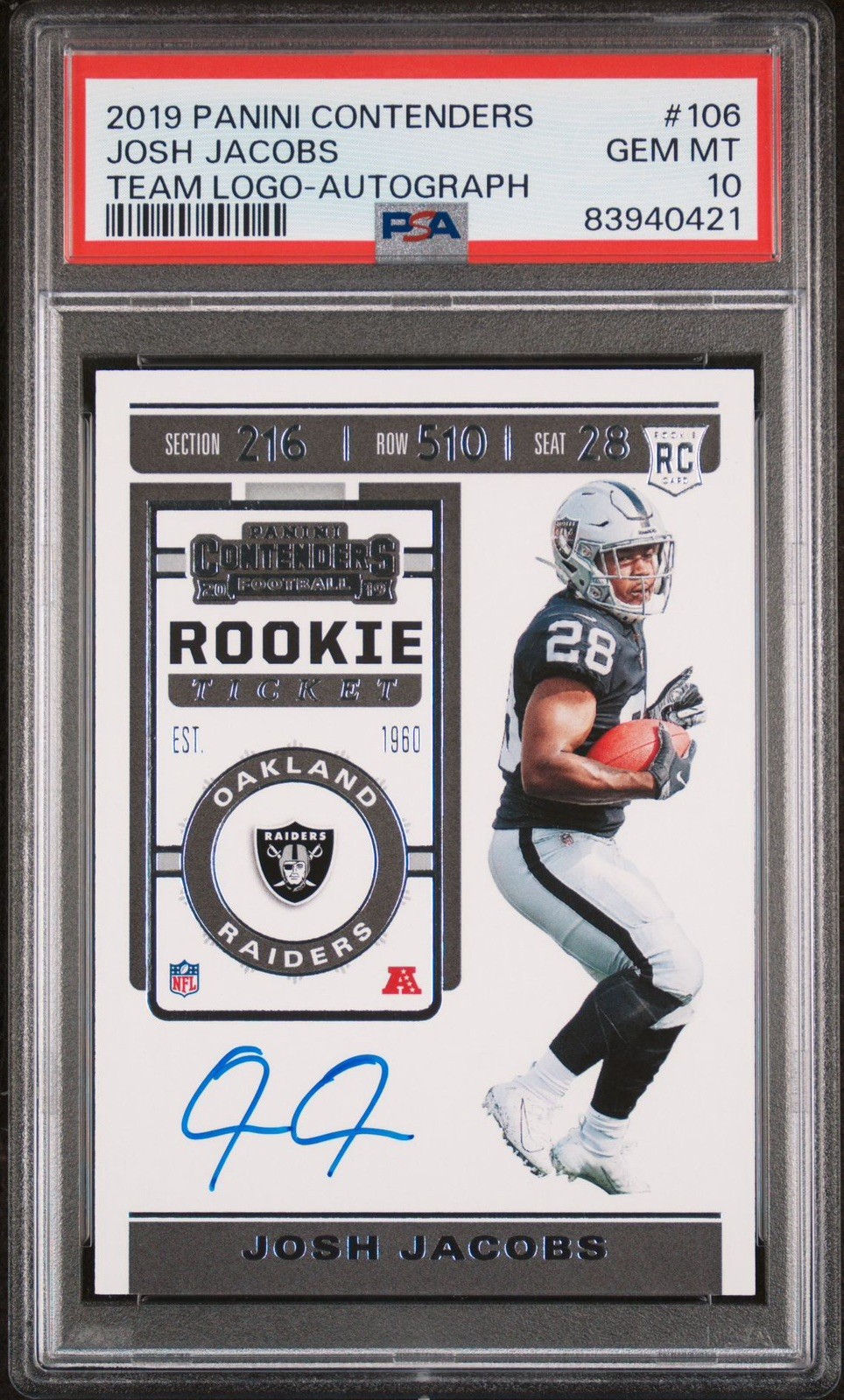 2019 Contenders Rookie Ticket Auto Josh Jacobs PSA 10 Green Bay Packers