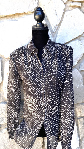 Jaeger, Vintage JAEGER Blouse XS 32 Brown Beige Semi Sheer Long Sleeve Great Britain