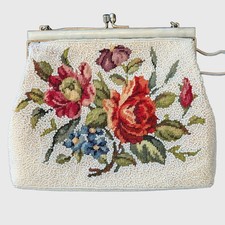 Vintage 1960s Beaded Petit Point Needlepoint Floral Evening Purse
