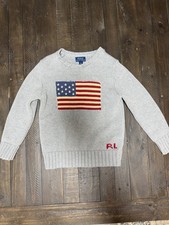 Ralph Lauren Boys Flag Sweater Size 7 Gray USA Knit 125 Retail Like New