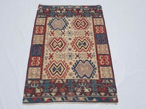 Vintage Traditional Handmade Turkish Wool Multicolor Kilim Rug 5.5x3.9ft
