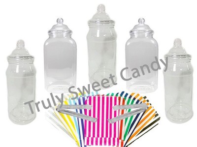 Kunststoff Süßigkeiten Gläser 5 x 1L, 2 Zangen 50 Tüten Süßigkeiten Buffet Party Hochzeit Geburtstag