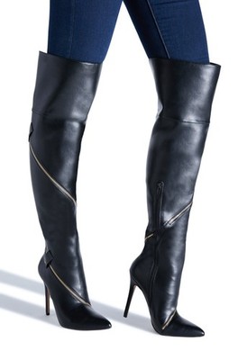 Emersyn by SHOEDAZZLE, Black faux leather Dominatrix 4.25'' thigh boots, SZ 7