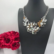 Charming Charlie Floral Crystal Necklace Amber Clear Gems Aurora Borealis