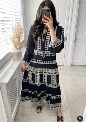 Zara schwarz & weiß bestickt Tüll Kleid Midi Größe S Small 8 10 