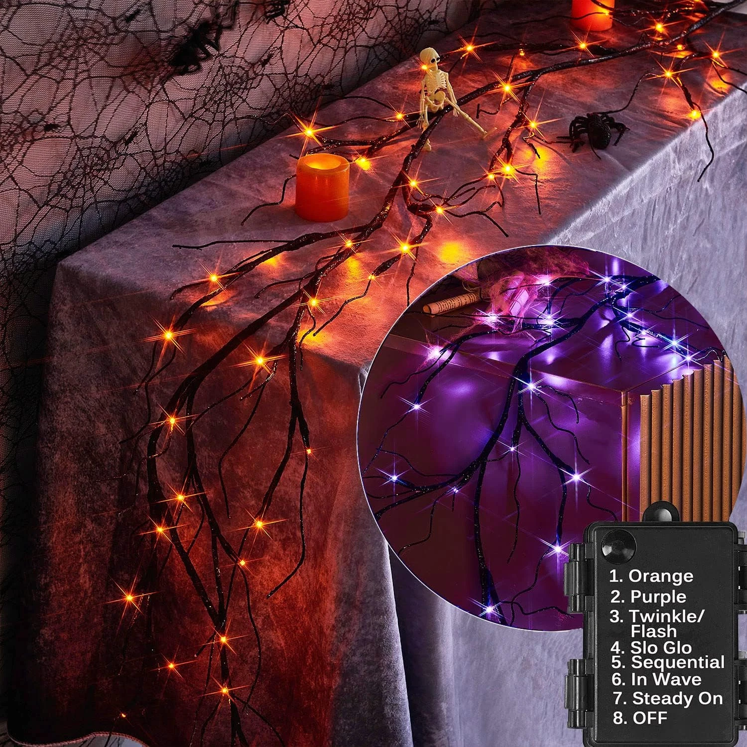 Lighted Black Glittered Garland with 48 Orange and Purple Bi-Color Lights, Hallo