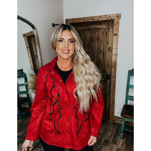 Lucky & Blessed Red Suede Boot Stitch Studded Jacket Western Rodeo NFR~NEW