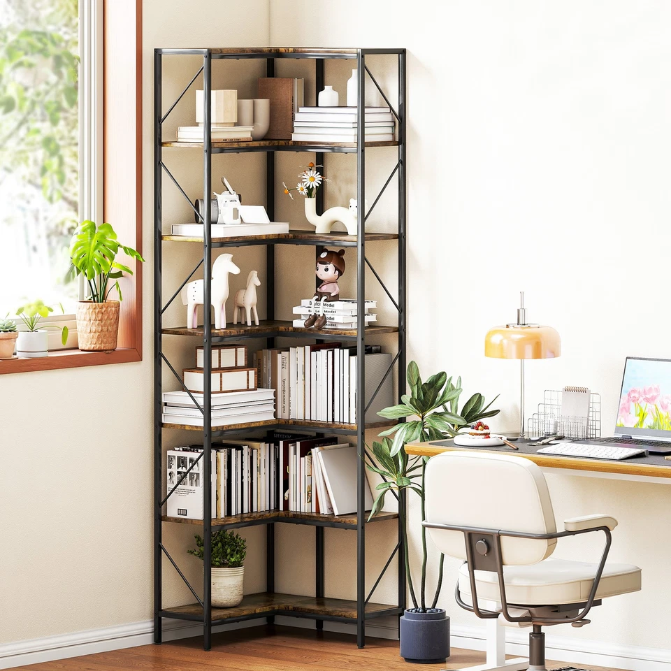 HOMCOM Libreria Angolare Industriale a 7 Livelli in Truciolato e Acciaio Marrone - Immagine 3 di 4