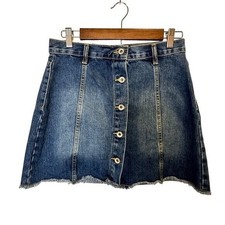 Forever 21 Denim Mini Skirt 26 Blue Button Front Raw Hem Y2K Festival Indie