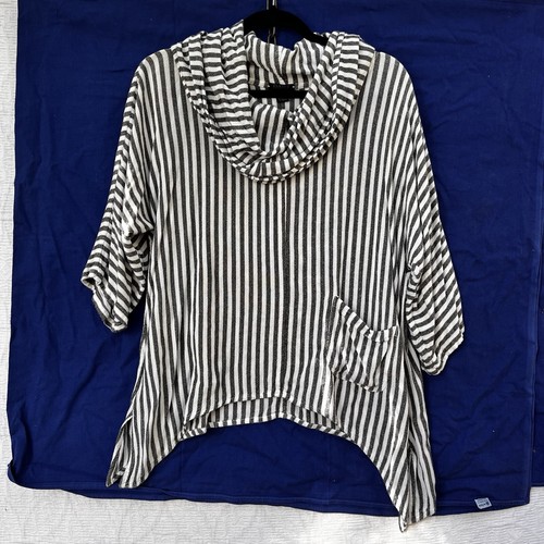 Dairi Fashion Cowl Neck Tunic Gray White Striped Pocket Lagenlook Moroccan Top - Picture 3 of 24