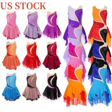 Kid Girl Ice Skating Dress Mesh Patchwork Sequins Rhinestone Ballet Dancewear