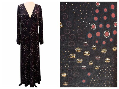 Modcloth Womens Size L Black Velvet Geometric Witchy Deep V-Neck L/S Maxi Dress