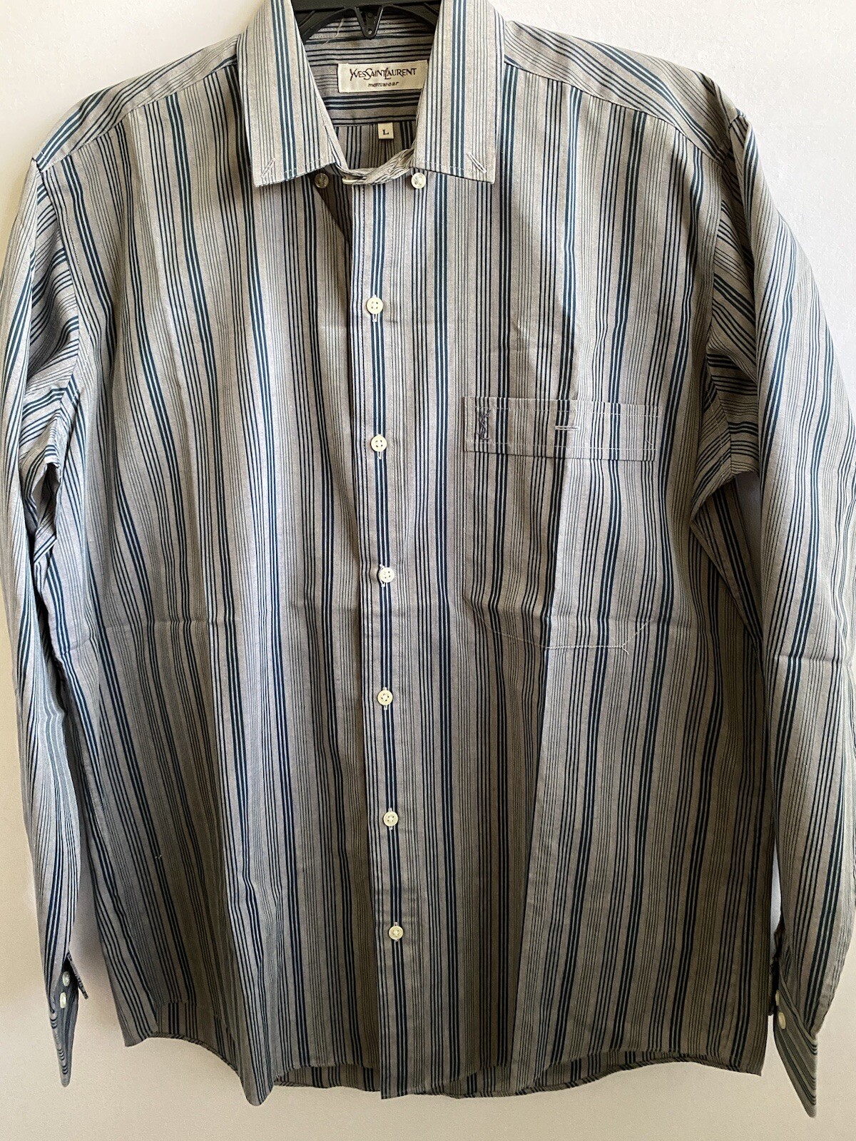 Camicia abbottonata da uomo Yves Saint Laurent nuova senza etichette grigio a righe blu grande