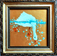 White Goose Painting Original Miniature Geese Artwork Bird picture Golden FRAMED