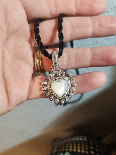 Judith Ripka Sterling Silver Mother of Pearl Pink & Green Peridot Heart Pendant - Picture 6 of 7