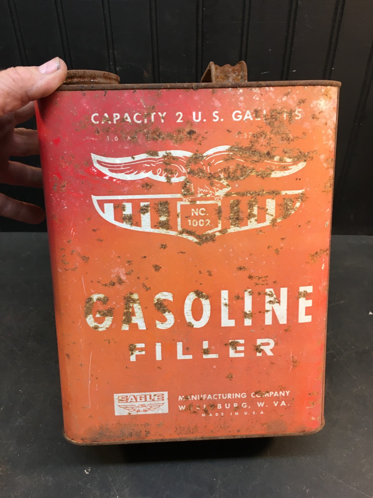Vintage Eagle Gas Can 1002 Gasoline Filler 2 US Gallons Metal Red White