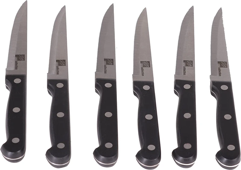 6 Coltelli Bistecca Carne Set da Tavola con Lama in Acciaio Dentata Cucina Nero, fotografia 5 di 9