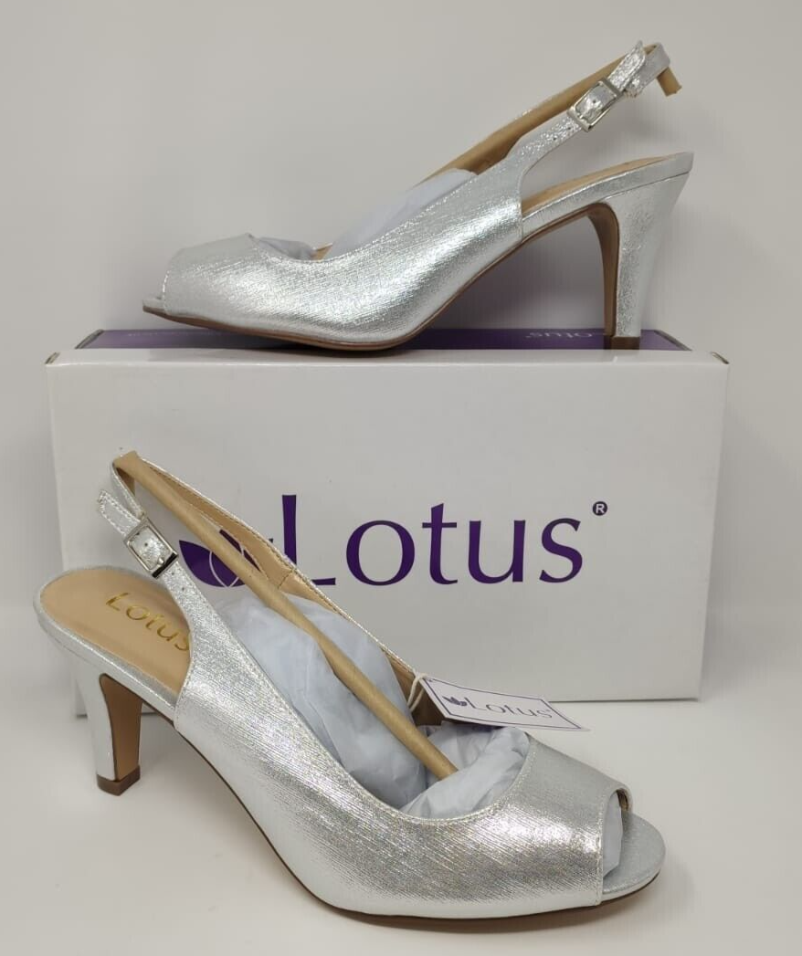 Lotus SIZE 'Larissa' Metallic Silver Pep Toe Slingback Heel Prom