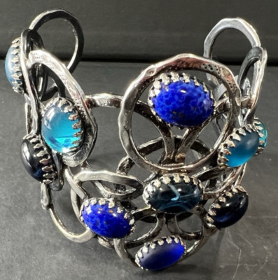 Gas Bijoux Blue Cabochon Hammered Silver Plated Olympie Cuff Bracelet HTF Signed
