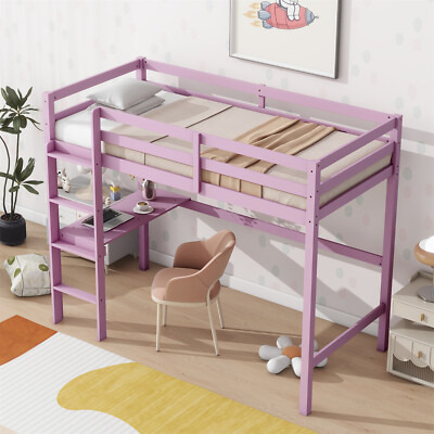 Twin Size Loft Bed Frame Wood Twin Size Bed Frame w/ Desk White/Oak/Pink