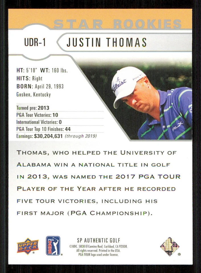 2021 SP Authentic Upper Deck Star Rookies #UDR1 Justin Thomas - Image 2 of 2
