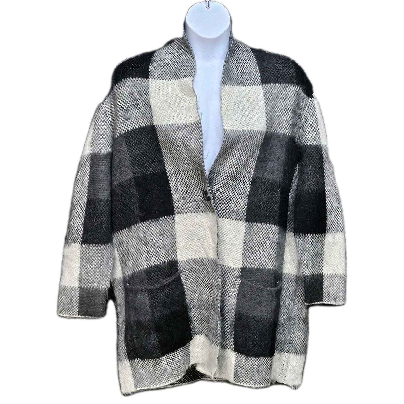 American Eagle Plaid Cardigan Sweater Womens L/XL Shaul Collar Wool Blend Cozy