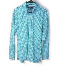 Tommy Hilfiger Men  s Large Long Sleeve Button-Down Blue Plaid Shirt Lion Crest L