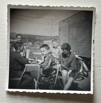 Vintage Snapshot Photo Kids Eating Lunch Outside Sunny Day