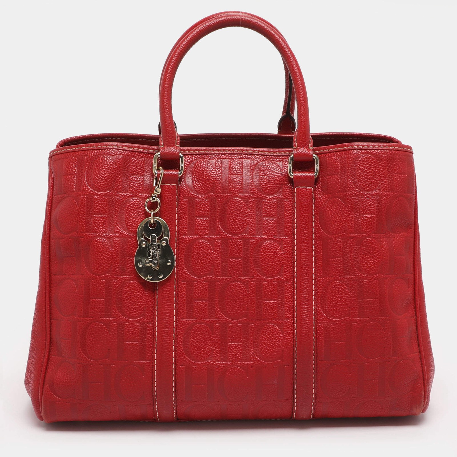 CH Carolina Herrera Matteo Red Monogram Embossed Leather Tote
